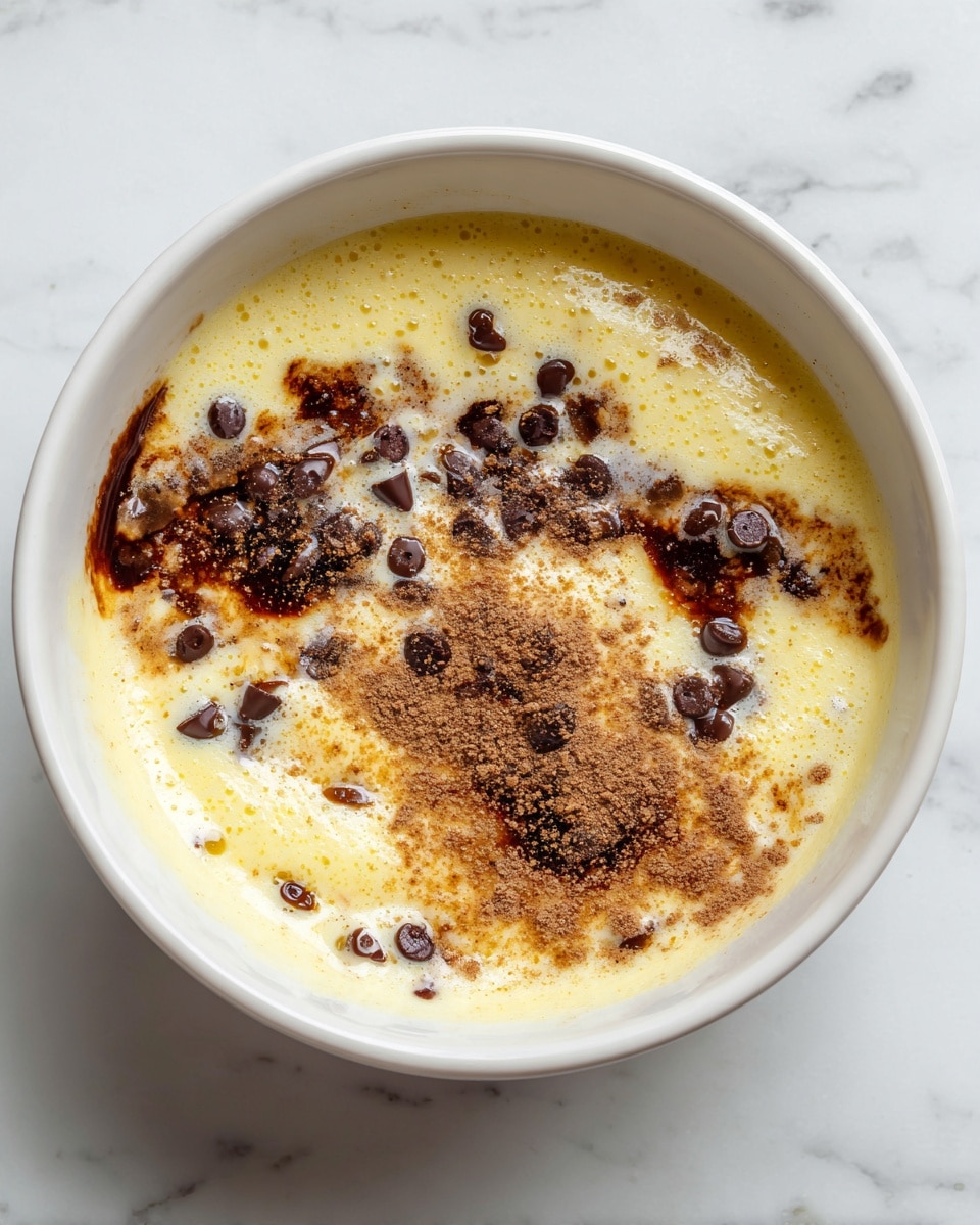 In a white bowl on a white marbled surface, there is a single layer of light yellow batter with a smooth and slightly runny texture. On top, there are scattered dark brown chocolate chips, a sprinkle of brown cinnamon powder, and patches of a darker melted chocolate or syrup, creating a mix of colors and textures in the center of the bowl. The edges of the batter are slightly bubbly and soft. Photo taken with an iphone --ar 4:5 --v 7