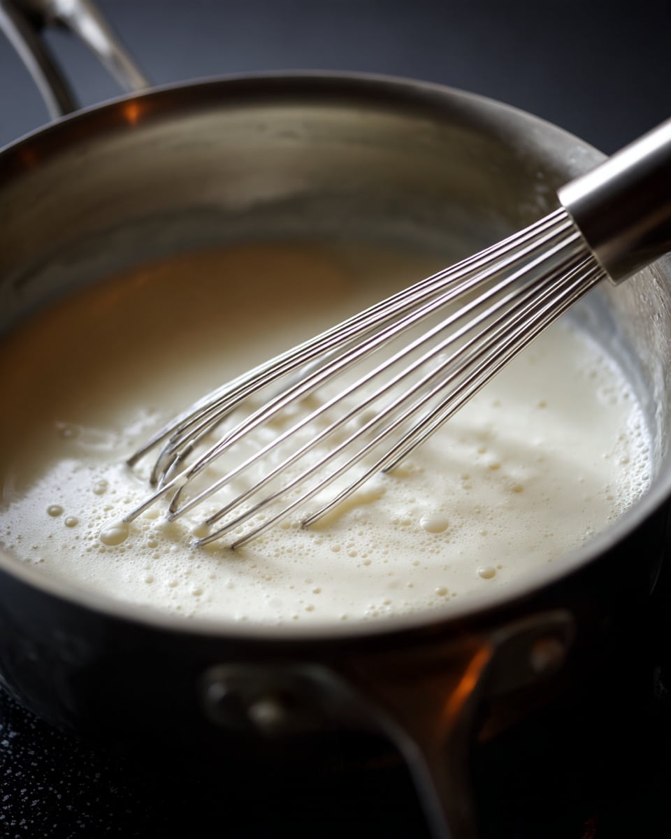 A close-up image shows a silver metal saucepan on a stove with a smooth, creamy white liquid inside. A metal whisk with thin wires is partially submerged in the liquid, creating gentle reflections on the surface. The inside of the saucepan has small bubbles near the edges, indicating the liquid is warming or being stirred. The background is dark, highlighting the bright, creamy mixture in the saucepan. photo taken with an iphone --ar 4:5 --v 7