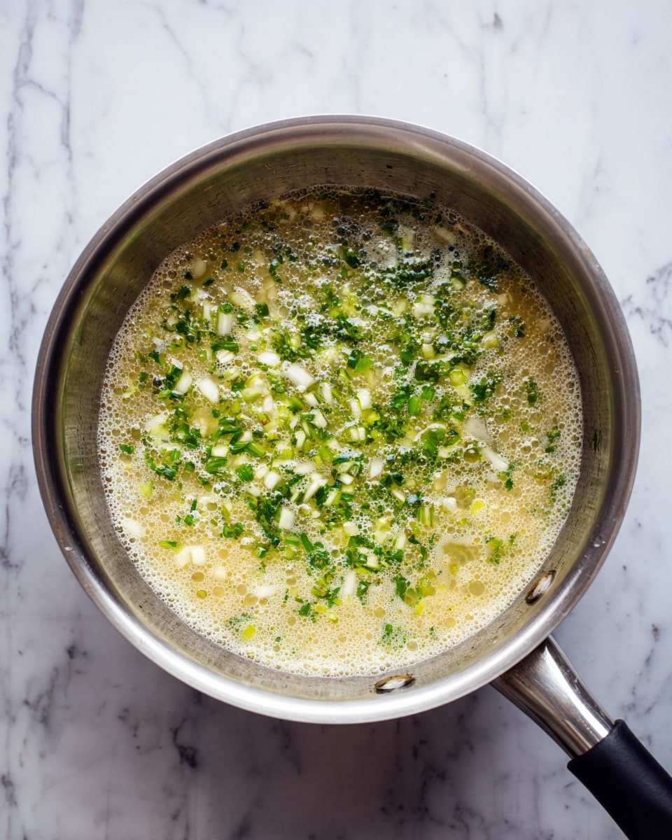 The image shows a close-up of a shiny metal pot with bubbling liquid inside on a stove with a white marbled texture visible around it. Inside the pot, there are finely chopped green and white pieces, likely herbs or vegetables, cooking in the frothy, light yellowish liquid. The pot has a black handle on the right side, and the small bubbles rising on the surface give a sense of active cooking. photo taken with an iphone --ar 4:5 --v 7